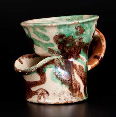 Exceptional Shenandoah Valley Multi-Glazed Redware Shaving Mug, attrib. J. Eberly & Co., Strasburg, VA