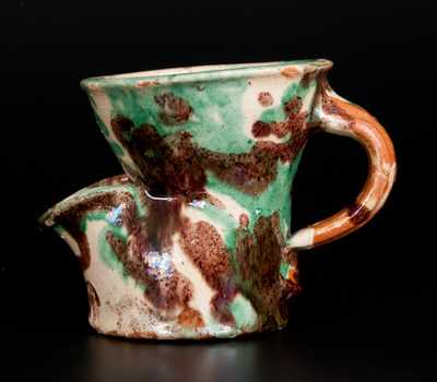 Exceptional Shenandoah Valley Multi-Glazed Redware Shaving Mug, attrib. J. Eberly & Co., Strasburg, VA