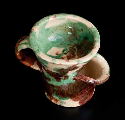 Exceptional Shenandoah Valley Multi-Glazed Redware Shaving Mug, attrib. J. Eberly & Co., Strasburg, VA