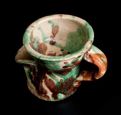 Exceptional Shenandoah Valley Multi-Glazed Redware Shaving Mug, attrib. J. Eberly & Co., Strasburg, VA