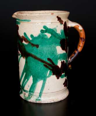 Exceptional Shenandoah Valley Multi-Glazed Redware Tankard Pitcher, attributed to J. Eberly & Co., Strasburg, VA