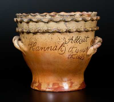 Outstanding Chester Co., PA Redware Flowerpot with Double-Crimped Rim and Presentation Inscription Dated 1823