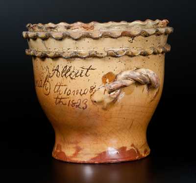 Outstanding Chester Co., PA Redware Flowerpot with Double-Crimped Rim and Presentation Inscription Dated 1823