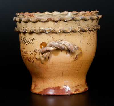 Outstanding Chester Co., PA Redware Flowerpot with Double-Crimped Rim and Presentation Inscription Dated 1823