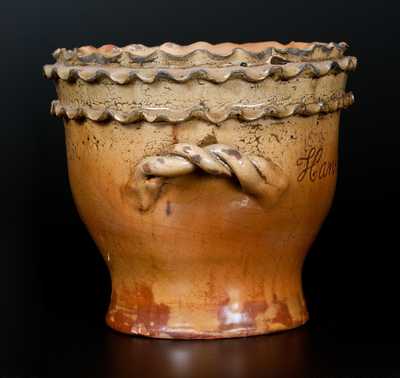 Outstanding Chester Co., PA Redware Flowerpot with Double-Crimped Rim and Presentation Inscription Dated 1823