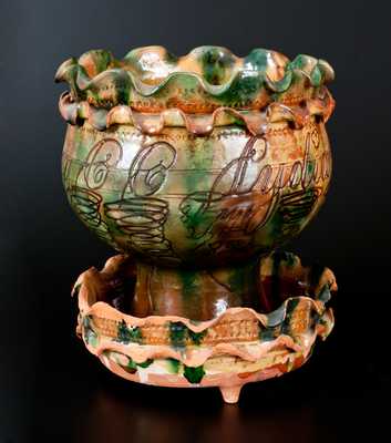 Large Chester County Redware Flowerpot Inscribed 