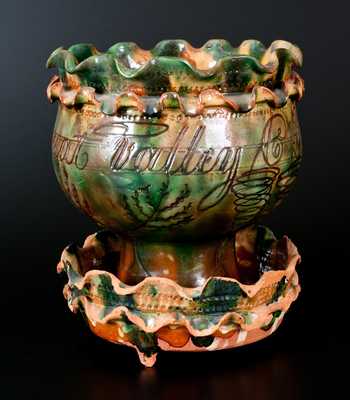 Large Chester County Redware Flowerpot Inscribed 