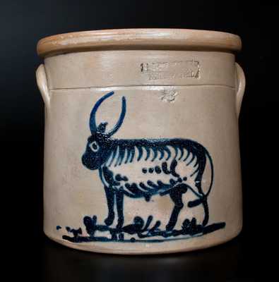 Very Rare J. A. & C. W. UNDERWOOD / FORT EDWARD, NY Stoneware Crock with Bull Decoration