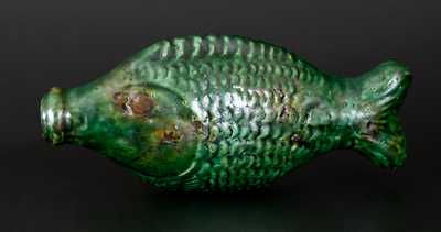 Exceptional Green-Glazed Redware Figural Fish Bottle, Salem, NC, 1804-29