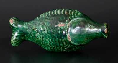 Exceptional Green-Glazed Redware Figural Fish Bottle, Salem, NC, 1804-29