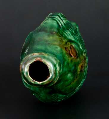 Exceptional Green-Glazed Redware Figural Fish Bottle, Salem, NC, 1804-29