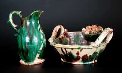 Exceptional Shenandoah Valley Multi-Glazed Redware Pitcher and Washbowl Set, attributed to J. Eberly & Co., Strasburg, VA, c1890