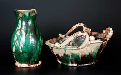 Exceptional Shenandoah Valley Multi-Glazed Redware Pitcher and Washbowl Set, attributed to J. Eberly & Co., Strasburg, VA, c1890