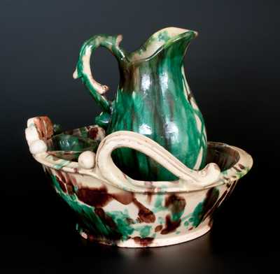 Exceptional Shenandoah Valley Multi-Glazed Redware Pitcher and Washbowl Set, attributed to J. Eberly & Co., Strasburg, VA, c1890