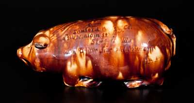 Very Rare Rockingham-Glazed Anna Pottery Pig Bottle with Incised Railroad Map, Inscribed