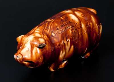 Very Rare Rockingham-Glazed Anna Pottery Pig Bottle with Incised Railroad Map, Inscribed