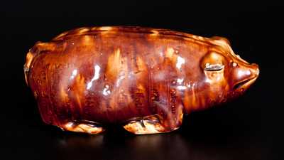 Very Rare Rockingham-Glazed Anna Pottery Pig Bottle with Incised Railroad Map, Inscribed