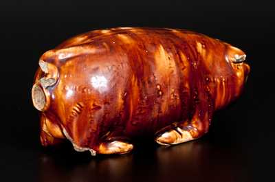 Very Rare Rockingham-Glazed Anna Pottery Pig Bottle with Incised Railroad Map, Inscribed