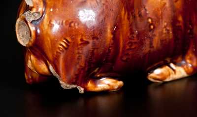 Very Rare Rockingham-Glazed Anna Pottery Pig Bottle with Incised Railroad Map, Inscribed