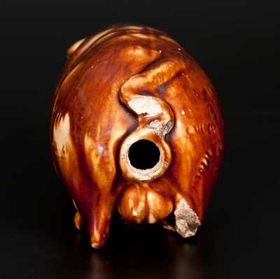 Very Rare Rockingham-Glazed Anna Pottery Pig Bottle with Incised Railroad Map, Inscribed