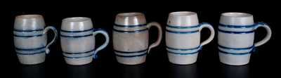Lot of Five: Barrel-Shaped Stoneware Mugs with Coggled Bands