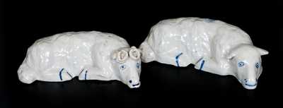 Rare Pair of Stoneware Sheep Doorstops, attrib. Pfaltzgraff Pottery Co., York, PA