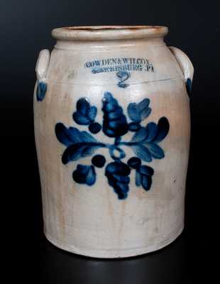 COWDEN & WILCOX / HARRISBURG, PA 2 Gal. Stoneware Jar w/ Cobalt Floral Decoration