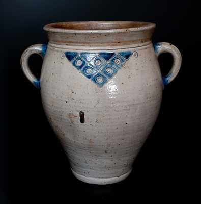 Rare New York City Stoneware Jar w/ Impressed Rosettes and Geometric Designs, circa 1790 s