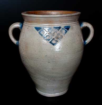 Rare New York City Stoneware Jar w/ Impressed Rosettes and Geometric Designs, circa 1790 s
