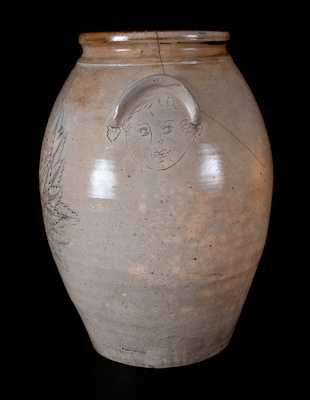Extremely Rare Anna Pottery Stoneware Presentation Jar w/ Incised Girl s Face and Floral Design, 1873