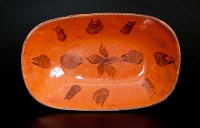 Extremely Rare J. McCULLY / TRENTON, NJ Redware Platter w/ Manganese Oyster Shell and Central Star Designs