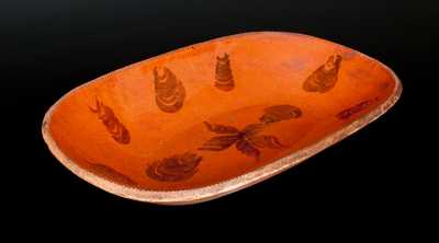 Extremely Rare J. McCULLY / TRENTON, NJ Redware Platter w/ Manganese Oyster Shell and Central Star Designs