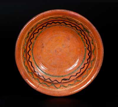 Redware Bowl with Green, Yellow, and Brown Slip Decoration