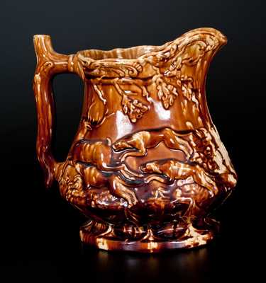 Rare Rockingham-Glazed Double-Frog Presentation Pitcher, attrib. Swan Hill Pottery, South Amboy, NJ