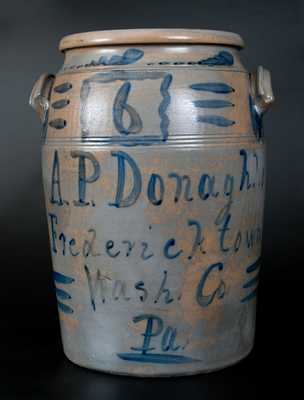 Outstanding and Extremely Rare A. P. Donaghho / Fredericktown, PA 6 Gal. Stoneware Crock w/ Bold Brushed Decoration