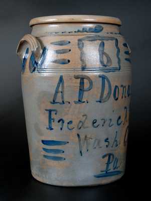 Outstanding and Extremely Rare A. P. Donaghho / Fredericktown, PA 6 Gal. Stoneware Crock w/ Bold Brushed Decoration