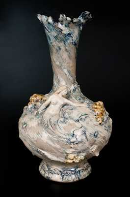 Monumental Stoneware Vase w/ Mermaids and Applied Rocks, America, c1890