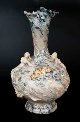 Monumental Stoneware Vase w/ Mermaids and Applied Rocks, America, c1890