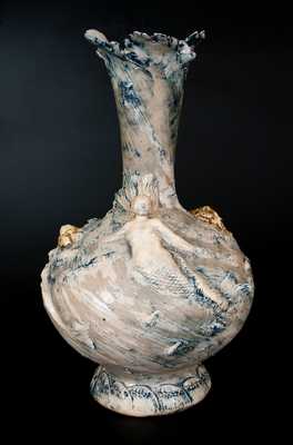 Monumental Stoneware Vase w/ Mermaids and Applied Rocks, America, c1890