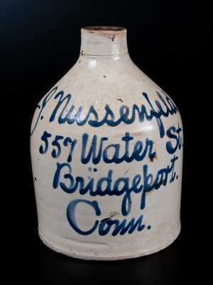 1/2 Gal. Bridgeport, CT Stoneware Script Advertising Jug by Fulper Pottery, Flemington, NJ
