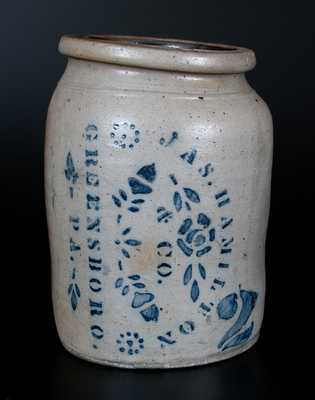 Rare JAS. HAMILTON / & CO. / GREENSBORO. / PA. Two-Gallon Stoneware Jar w/ Sideways Stenciling