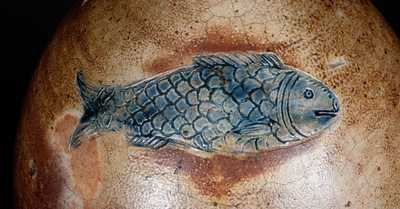 Excellent Boston Stoneware Jug w/ Impressed Fish Decoration, early 19th century