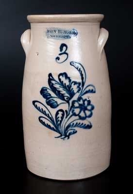 JOHN BURGER / ROCHESTER Stoneware Churn w/ Very Fine Slip-Trailed Floral Decoration