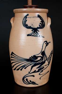 WHITES UTICA Stoneware Churn w/ Large Slip-Trailed Running Bird Decoration