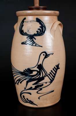 WHITES UTICA Stoneware Churn w/ Large Slip-Trailed Running Bird Decoration
