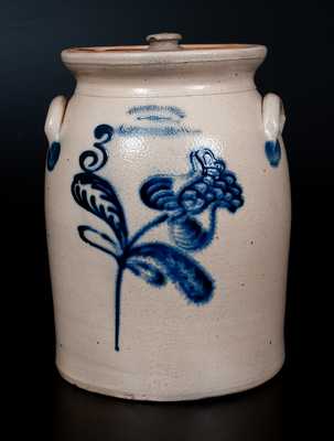 J. FISHER & CO. / LYONS, N.Y. Stoneware Jar w/ Bright Slip-Trailed Floral Decoration