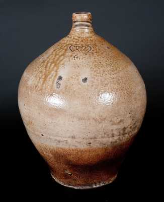 Attrib. Charlestown, MA Bulbous Stoneware Jar with Impressed Hearts and Iron Dip