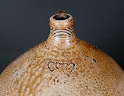 Attrib. Charlestown, MA Bulbous Stoneware Jar with Impressed Hearts and Iron Dip