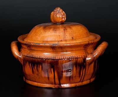 Unusual Redware Lidded Pot with Pea Pod Finial on Lid and Manganese Streaks