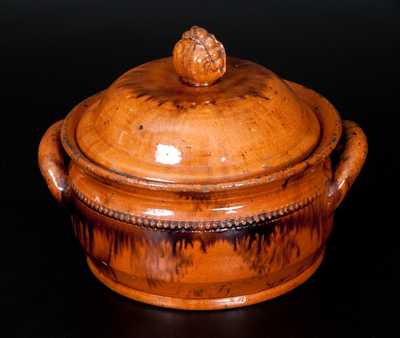 Unusual Redware Lidded Pot with Pea Pod Finial on Lid and Manganese Streaks